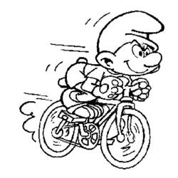 Desenho de Smurf andando de bicicleta em alta velocidade para colorir