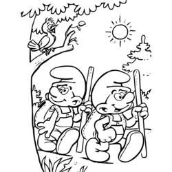 Desenho de Smurfs caminhando com bastões para colorir