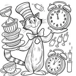 Desenho de The Cat in the Hat equilibrando pratos e relógios para colorir