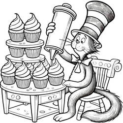Desenho de The Cat in the Hat decorando cupcakes para colorir