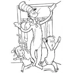 Desenho de The Cat in the Hat dançando com duas crianças animadas para colorir