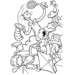 Desenho de The Cat in the Hat fazendo malabarismo com duas crianças para colorir