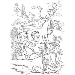 Desenho de The Cat in the Hat acenando para duas crianças ao ar livre para colorir