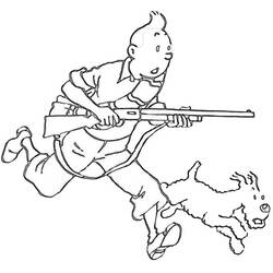 Desenho de Tintin correndo com um rifle ao lado de Milu para colorir