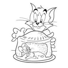 Desenho de Tom observando Jerry escondido dentro de uma torta gigante para colorir