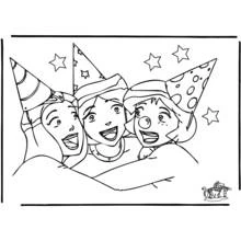 Desenho de Totally Spies as meninas festejando com chapéus de festa para colorir