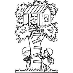Desenho de Crianças brincando perto de uma casa da árvore para colorir Desenho de Crianças brincando perto de uma casa da árvore para colorir