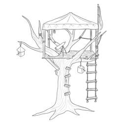 Desenho de Casa da árvore com telhado de tenda e escada de corda para colorir Desenho de Casa da árvore com telhado de tenda e escada de corda para colorir