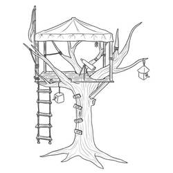 Desenho de Casa da árvore com telhado de tecido e escada de corda para colorir Desenho de Casa da árvore com telhado de tecido e escada de corda para colorir