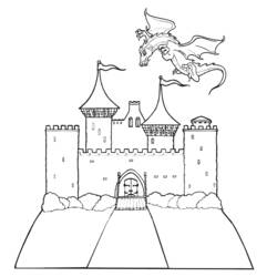 Desenho de Castelo com um dragão voando sobre as torres para colorir