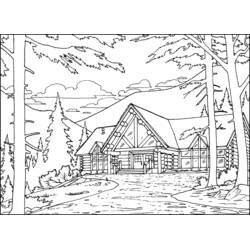 Desenho de Cabana de troncos em floresta de montanha para colorir