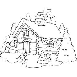 Desenho de Cabana nevada rodeada de pinheiros para colorir
