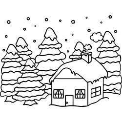 Desenho de Cabana em uma floresta nevada para colorir