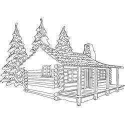 Desenho de Cabana de troncos entre pinheiros para colorir