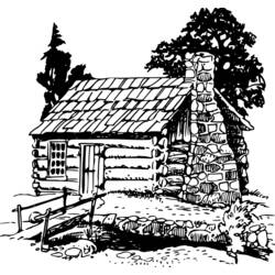 Desenho de Cabana de troncos com chaminé de pedra para colorir