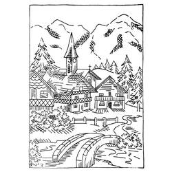 Desenho de Cabana de montanha junto a uma ponte de pedra para colorir