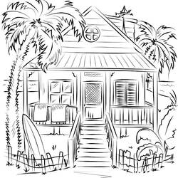 Desenho de Cabana de praia com palmeiras e prancha de surfe para colorir