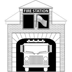 Desenho de Estação de bombeiros com caminhão na garagem para colorir