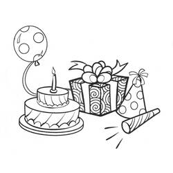 Desenho de Bolo de aniversário, presente, balão e chapéu de festa para colorir