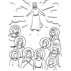Desenho de Jesus acima de um grupo de santos com auréola para colorir