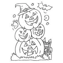 Desenho de Pilha de abóboras de Halloween com chapéu de bruxa para colorir