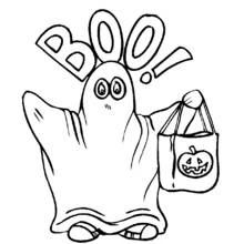 Desenho de Fantasma dizendo Boo com saco de doces para colorir