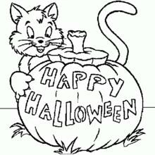 Desenho de Gato sentado em uma abóbora Happy Halloween para colorir