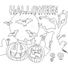 Desenho de Abóboras de Halloween sob uma lua cheia de morcegos para colorir