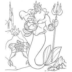 Desenho de Ariel nos braços do Rei Tritão com seu tridente para colorir Desenho de Ariel nos braços do Rei Tritão com seu tridente para colorir
