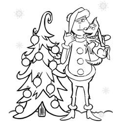 Desenho de Grinch e seu cachorro perto da árvore de Natal para colorir