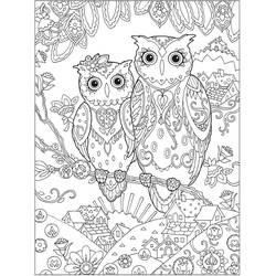Desenho de Duas corujas empoleiradas num ramo com um vilarejo ao fundo para colorir