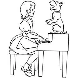 Desenho de Menina tocando piano com seu cachorro para colorir