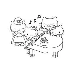Desenho de Hello Kitty toca piano com amigas para colorir