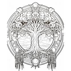 Desenho de Árvore da Vida em uma moldura circular ornamentada para colorir