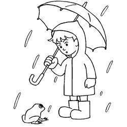 Desenho de Menino com guarda-chuva observando um sapo na chuva para colorir