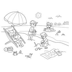 Desenho de Crianças brincando na praia de verão para colorir
