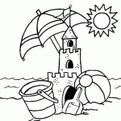 Desenho de Castelo de areia com guarda-sol e bola para colorir