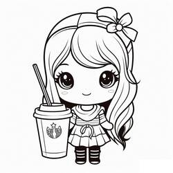 Desenho de Menina chibi com um copo Starbucks para colorir
