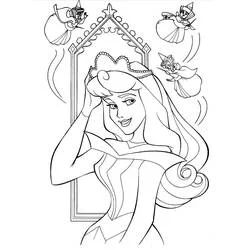 Desenho de Princess Aurora com suas três fadas madrinhas para colorir