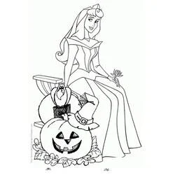 Desenho de Princess Aurora sentada com abóboras de Halloween para colorir