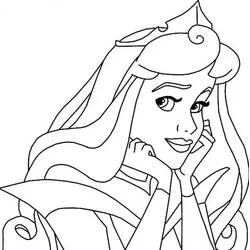 Desenho de Princess Aurora com o queixo apoiado na mão para colorir
