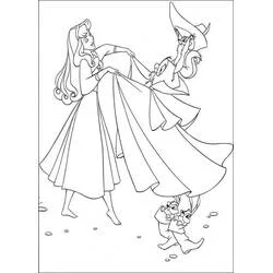 Desenho de Princess Aurora dançando com pequenos animais fantasiados para colorir