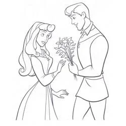 Desenho de Princess Aurora recebendo flores do príncipe para colorir