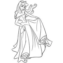 Desenho de Princess Aurora segurando seu longo vestido para colorir