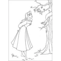 Desenho de Princess Aurora conversando com animais da floresta para colorir