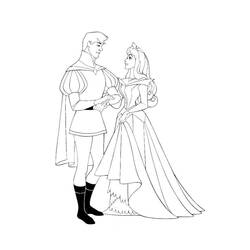Desenho de Princess Aurora de mãos dadas com o príncipe Philip para colorir