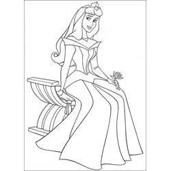 Desenho de Princess Aurora sentada em um banco com uma rosa para colorir