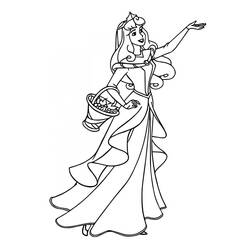 Desenho de Princess Aurora com uma cesta de flores para colorir