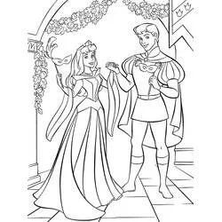 Desenho de Princess Aurora e o príncipe em um baile de máscaras para colorir