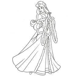 Desenho de Princess Aurora com vestido de inverno com bordas de pele para colorir